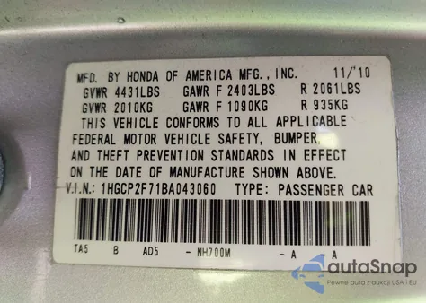 2011 Honda Accord 2.4 Ex из США, поврежденный, VIN 1HGCP2F71BA043060